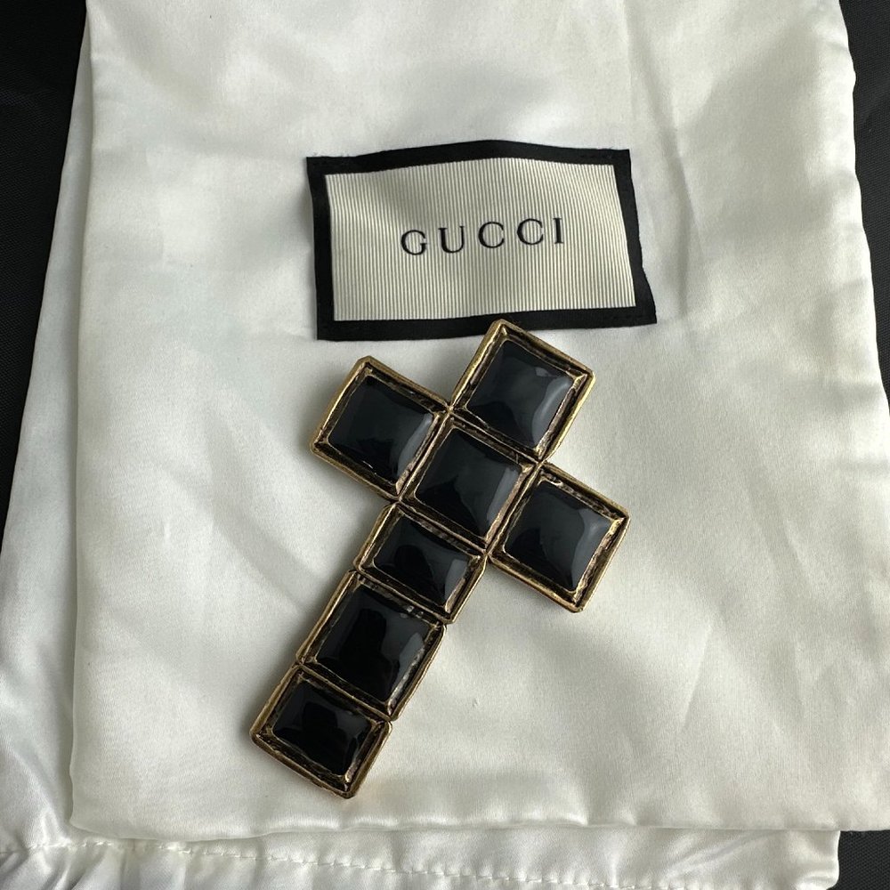 Gucci Aged Gold and Enamel Cross Brooch *NEW*